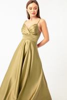 Женское атласное вечернее платье миди масляно-зеленого цвета с веревочным ремнем и поясом на талии и выпускное платье La