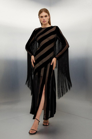 Бархатное тканое платье макси Devore с длинными рукавами и бахромой Karen Millen, черный