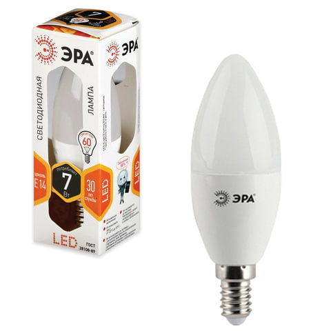 Лампа светодиодная ЭРА 7 60 Вт цоколь E14 свеча теплый белый свет 30000 ч. LED smdB35-7w-827-E14